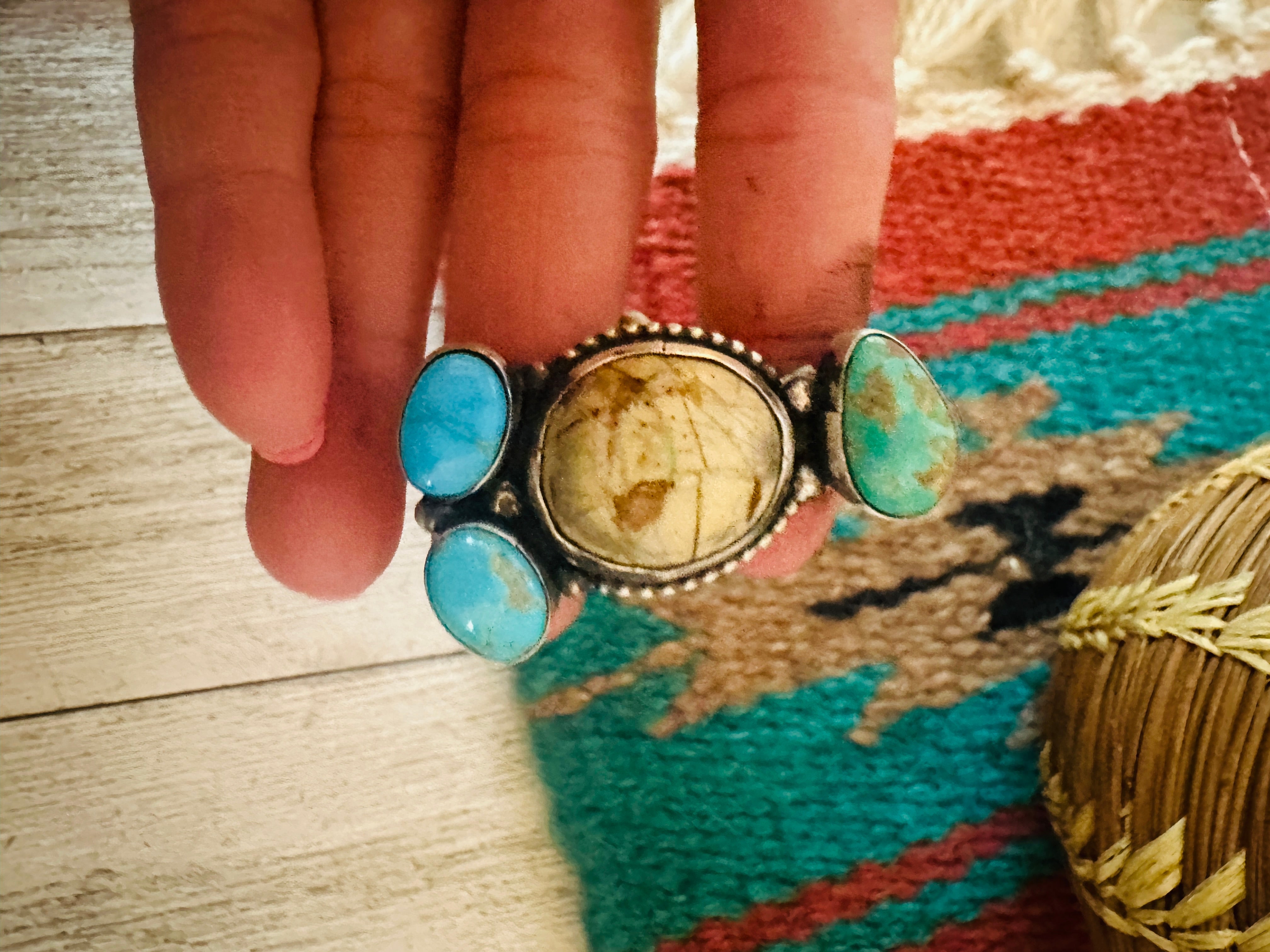 Navajo Ribbon Turquoise & Sterling Silver Adjustable Ring