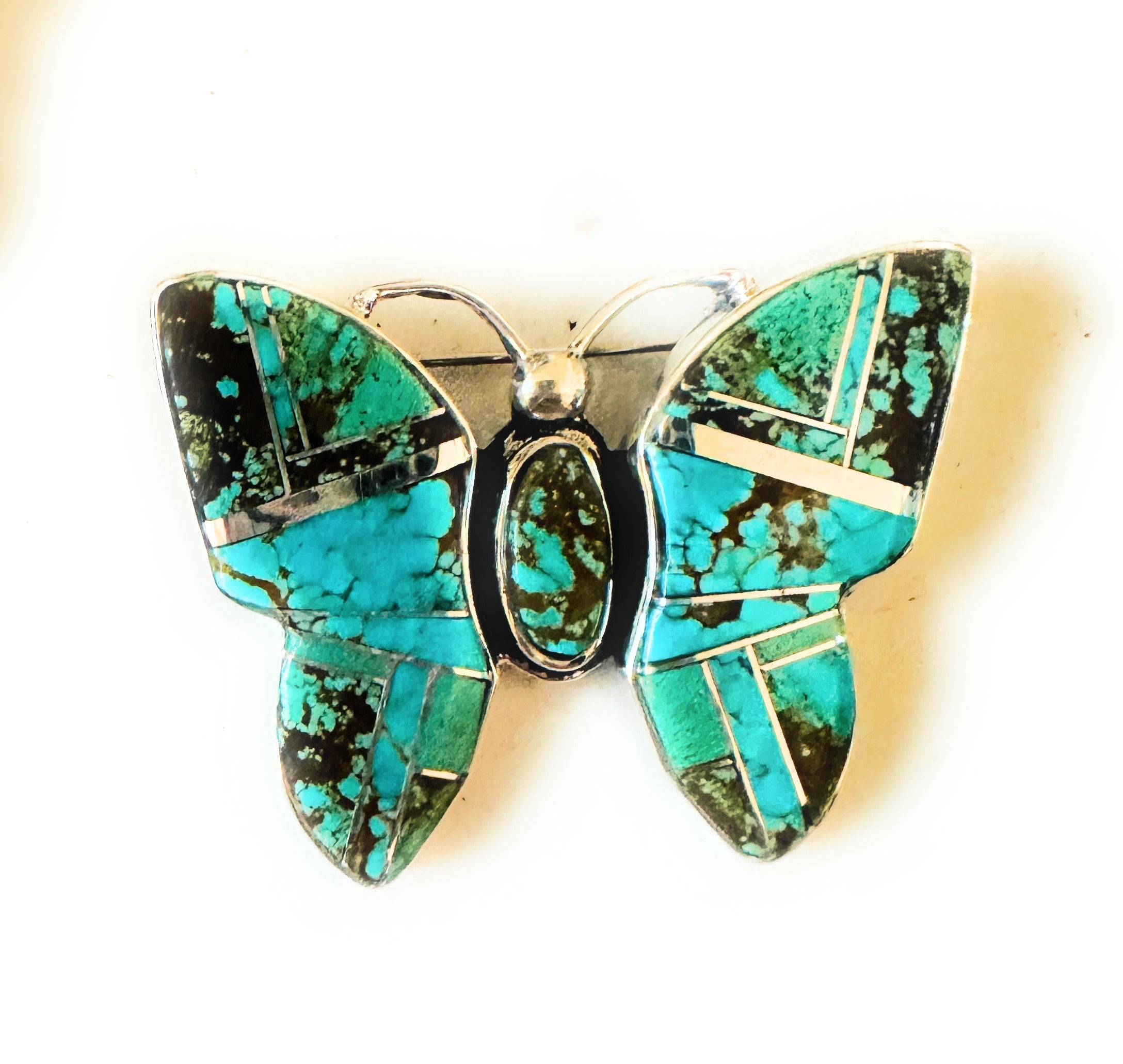 Navajo Number 8 Turquoise & Sterling Silver Butterfly Brooch / Pendant