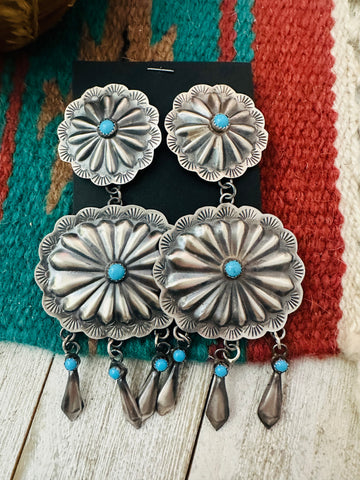 Navajo Sterling Silver & Turquoise Concho Dangle Earrings