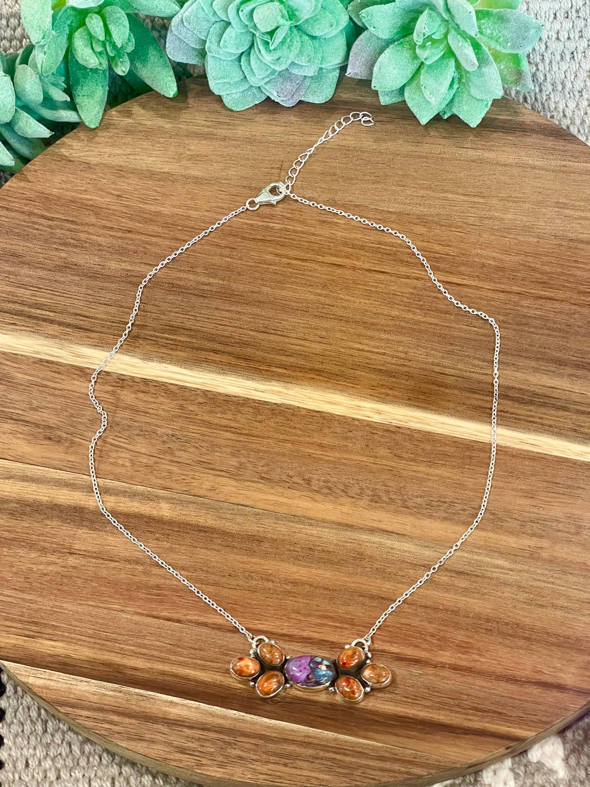 Handmade Sterling Silver, Purple Mojave & Orange Mojave Bar Necklace