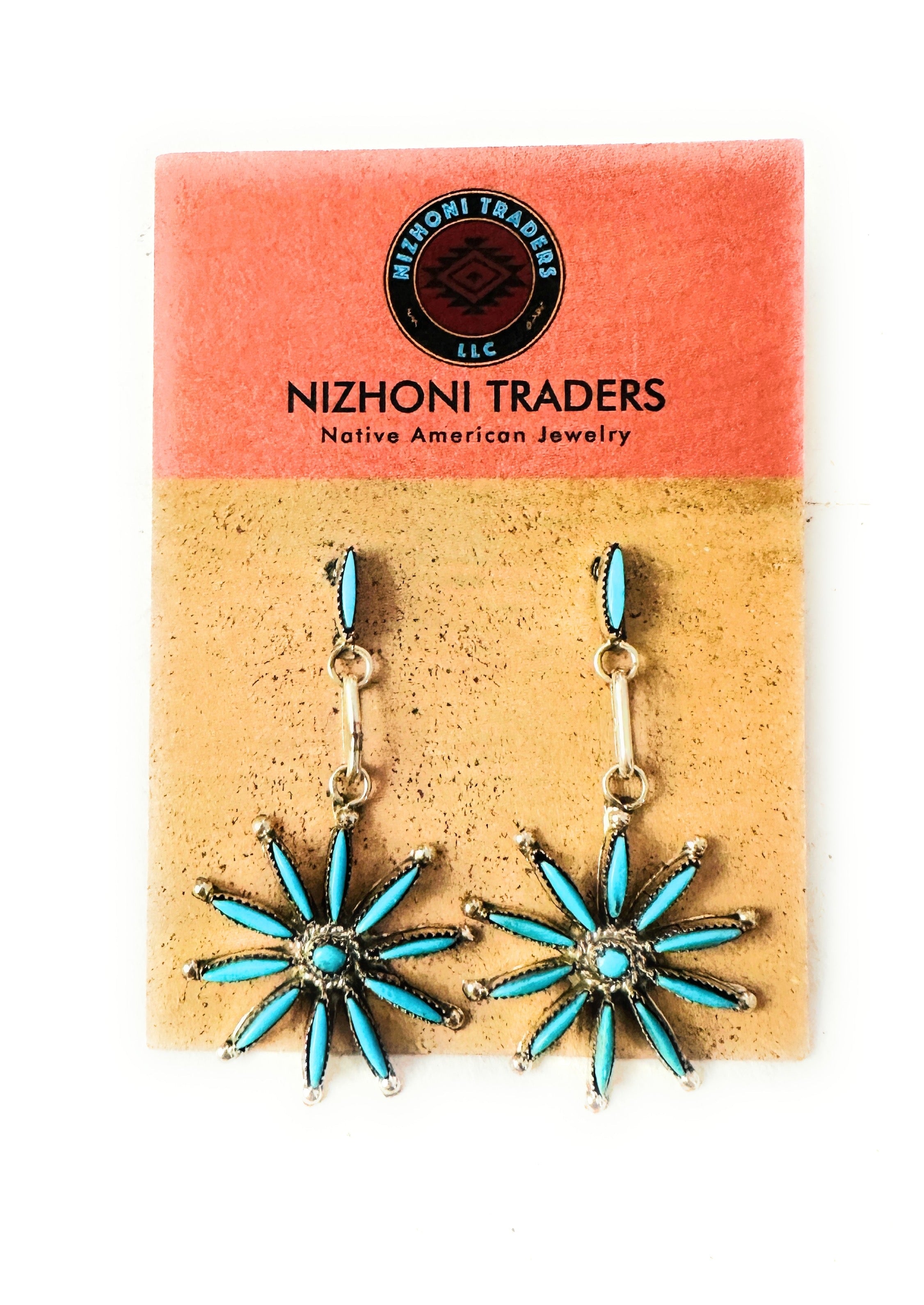 Zuni Turquoise & Sterling Silver Needlepoint Dangle Earrings