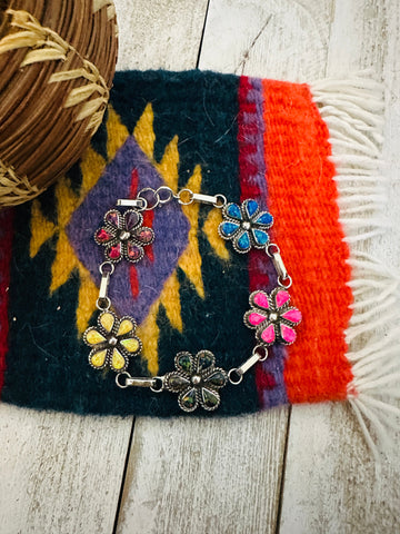 Zuni Multicolor Opal & Sterling Silver Flower Link Bracelet