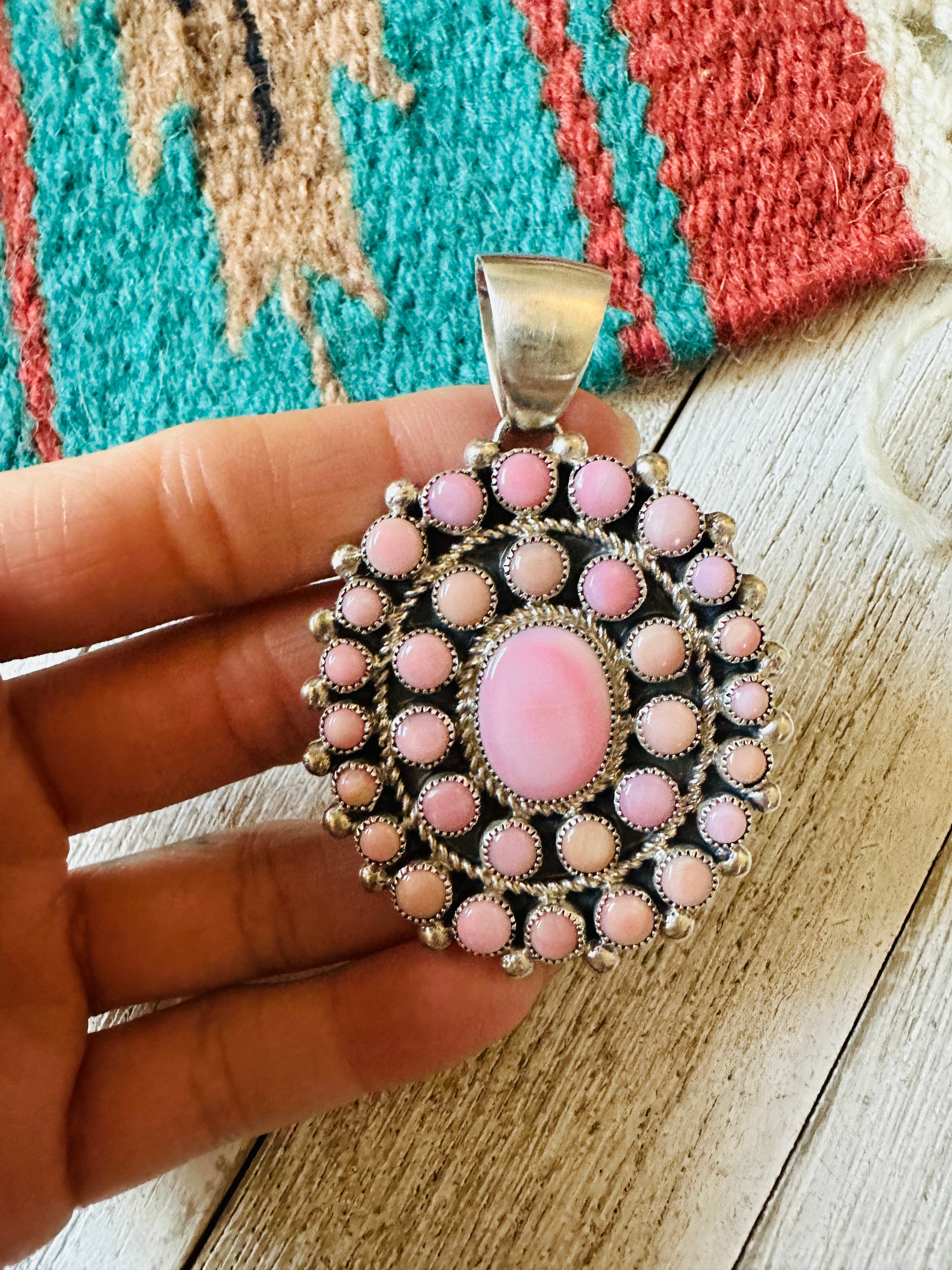 Navajo Queen Pink Conch Shell & Sterling Silver Cluster Pendant