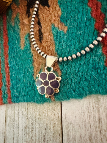 Zuni Purple Spiny & Sterling Silver Inlay Flower Pendant