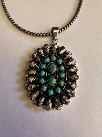 Handmade Sterling Silver, Wild Horse & Turquoise Cluster Pendant Signed Nizhoni