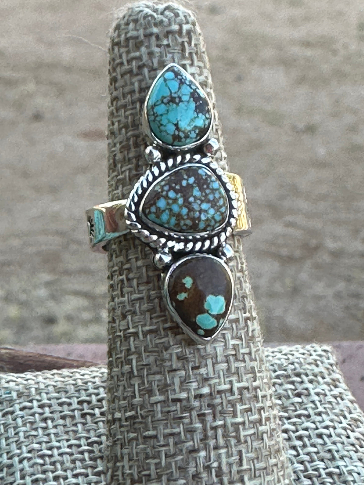 Handmade Sterling Silver & Three Stone Number 8 Turquoise Adjustable Ring