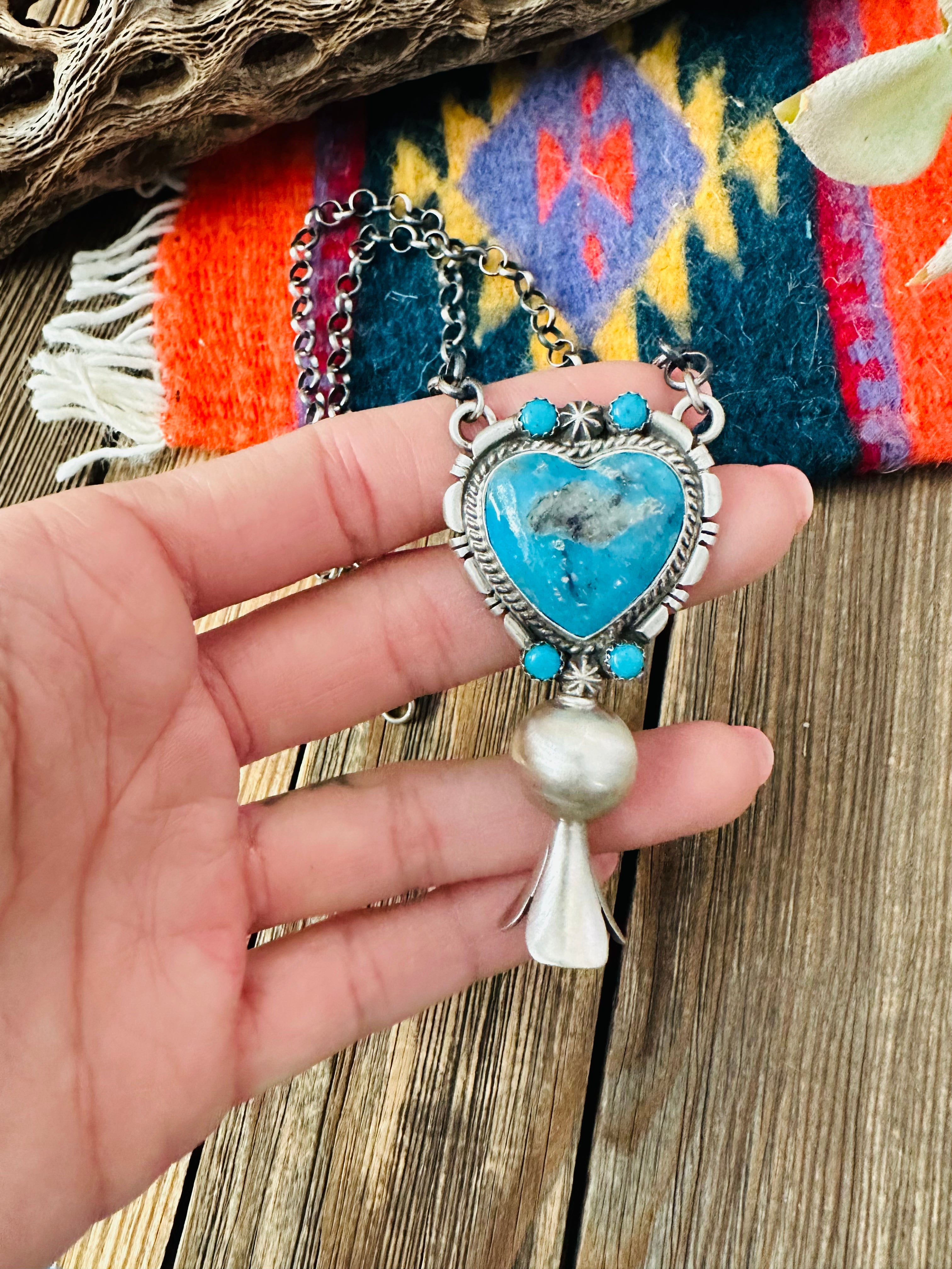 Navajo Sterling Silver & Turquoise Heart Blossom Necklace by Thomas Francisco