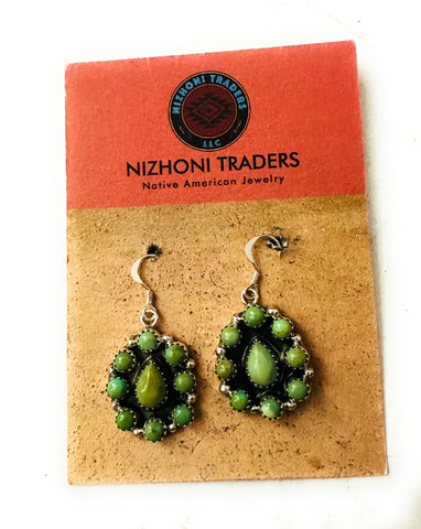 Navajo Sterling Silver & Green Turquoise Cluster Dangle Earrings