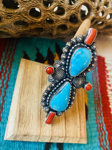 Navajo Sterling Kingman Turquoise & Red Coral Ring Size 9 By Shawn Cayatineto