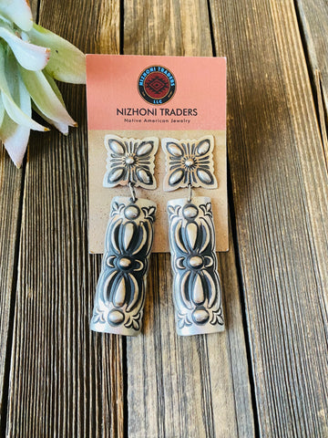 Navajo Sterling Silver Concho Dangle Earrings By Leander Tahe