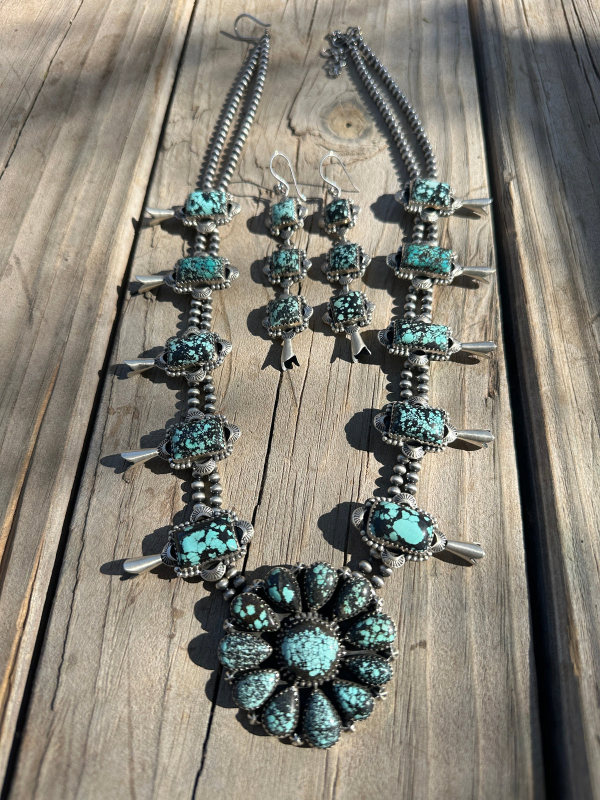 Handmade Sterling Silver & New Lander Turquoise Blossom Necklace SET Signed Nizhoni