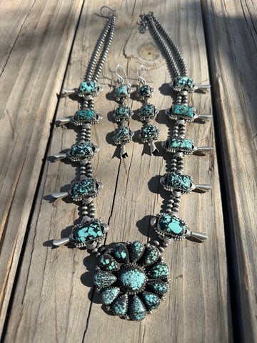 Handmade Sterling Silver & New Lander Turquoise Blossom Necklace SET Signed Nizhoni