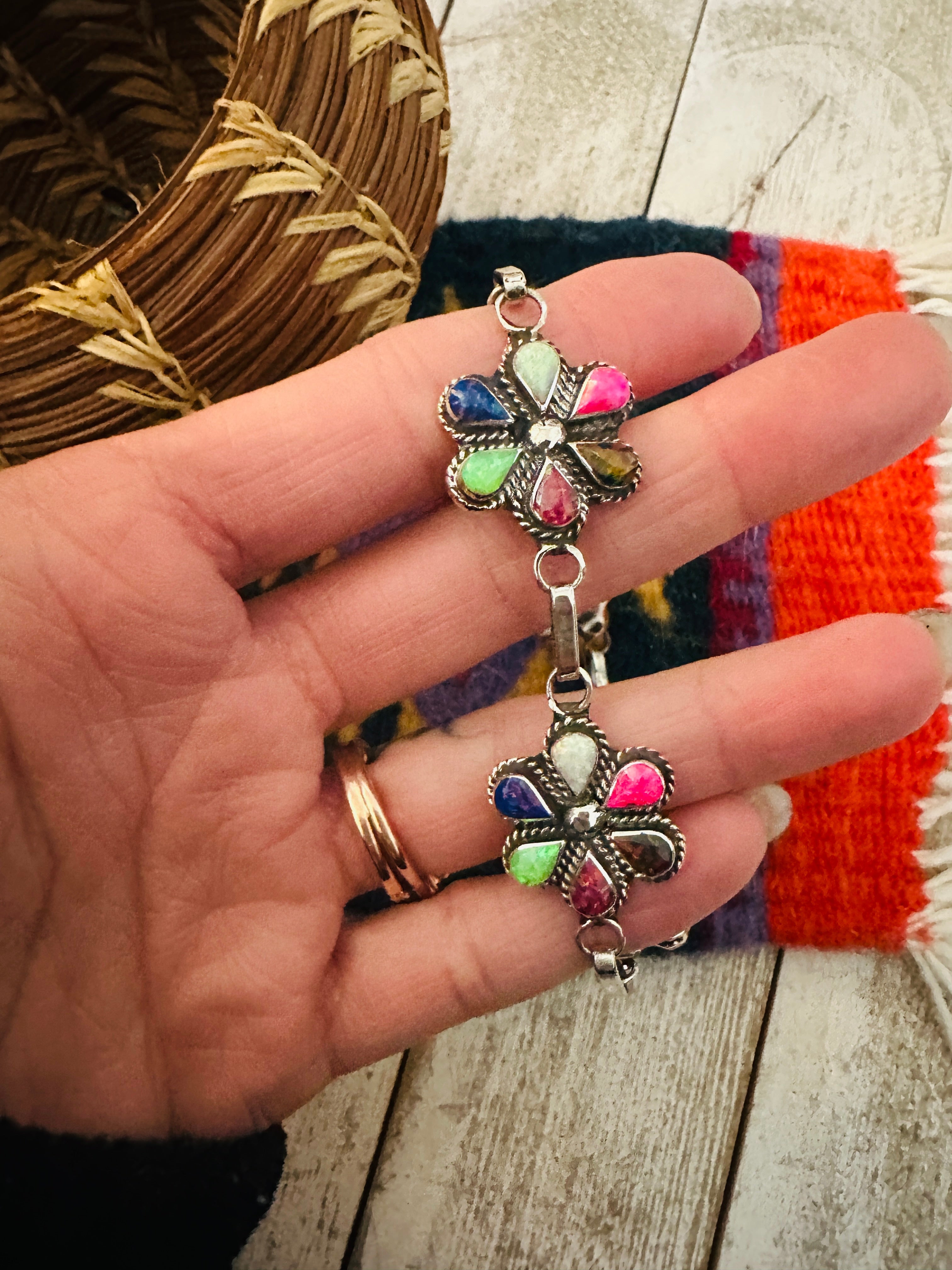 Zuni Multicolor Opal & Sterling Silver Flower Link Bracelet