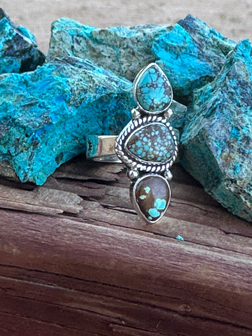 Handmade Sterling Silver & Three Stone Number 8 Turquoise Adjustable Ring