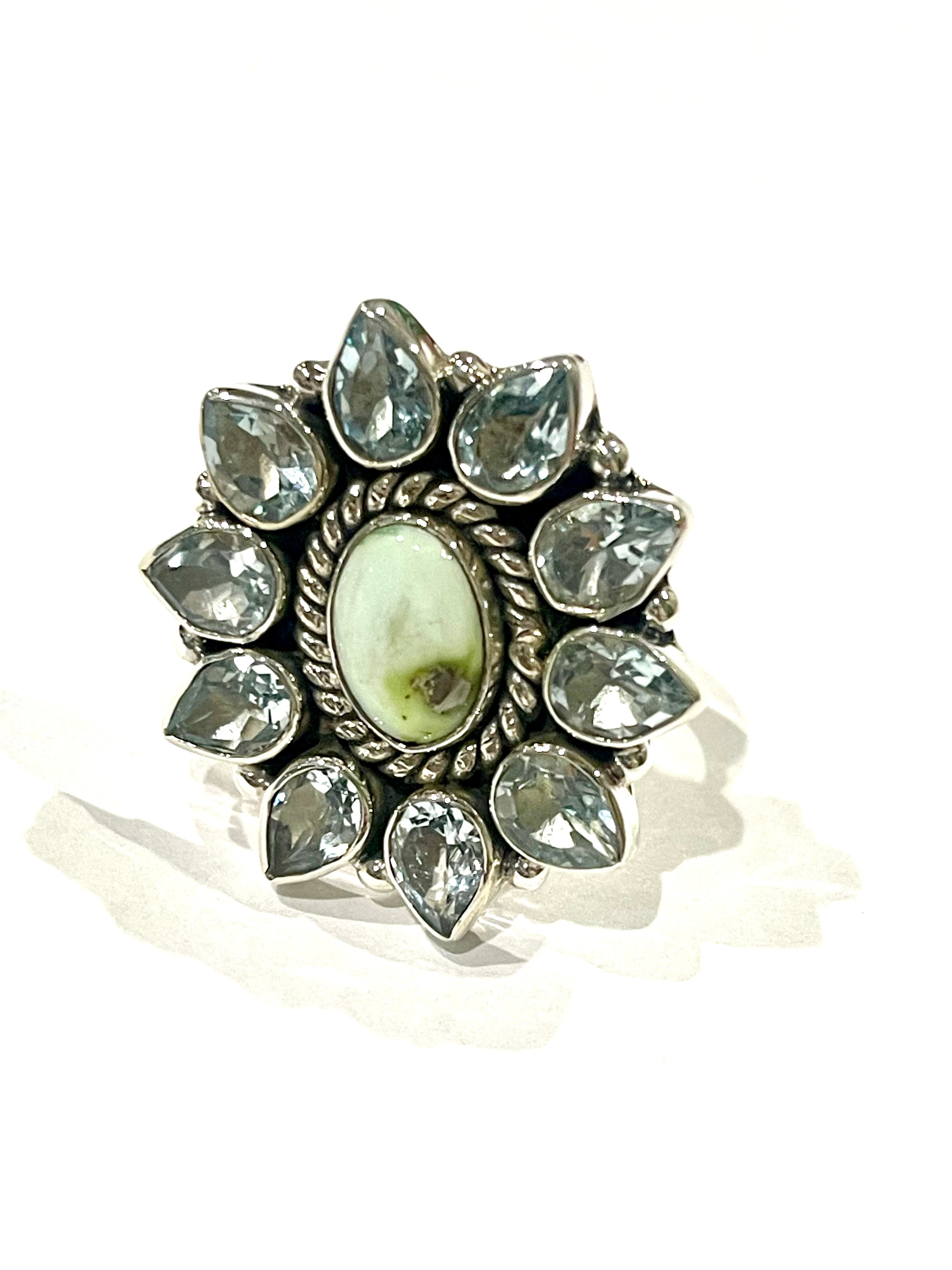 Beautiful Handmade Palomino Variscite, Cubic Zirconia And Sterling Silver Adjustable Ring