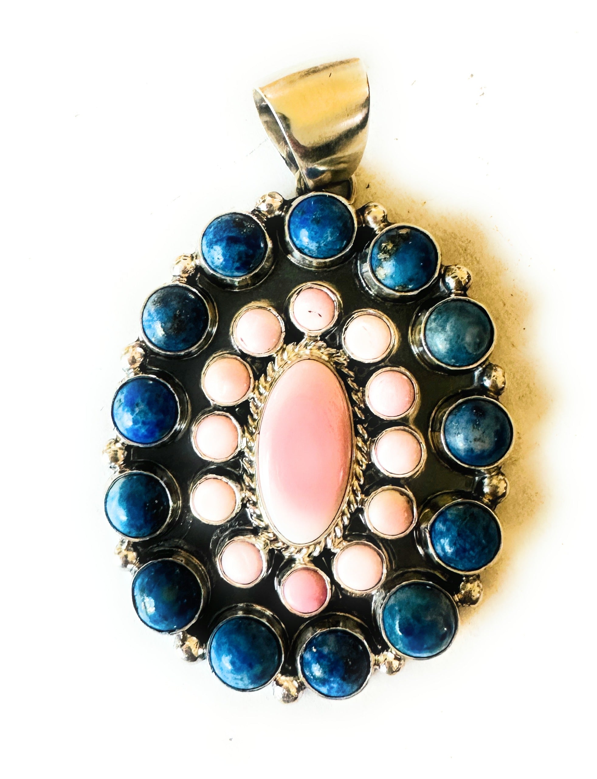 Navajo Queen Pink Conch, Lapis & Sterling Silver Cluster Pendant