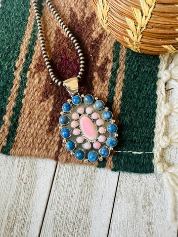 Navajo Queen Pink Conch, Lapis & Sterling Silver Cluster Pendant