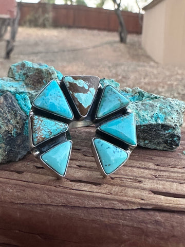 Navajo Kingman Turquoise & Sterling Silver Naja Adjustable Ring signed Elouise Kee