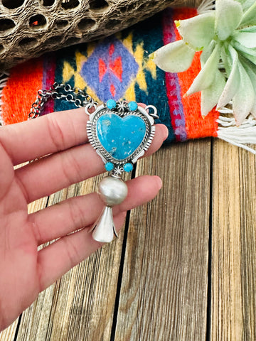 Navajo Sterling Silver & Turquoise Heart Blossom Necklace by Thomas Francisco