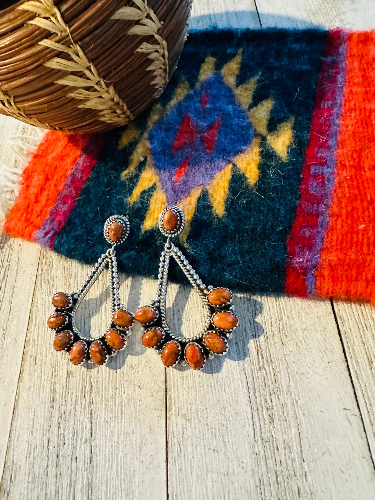 Handmade Orange Spiny & Sterling Silver Dangle Earrings Signed Nizhoni