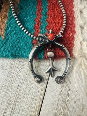 Navajo Coral & Sterling Silver Naja Pendant by Martha Cayatineto