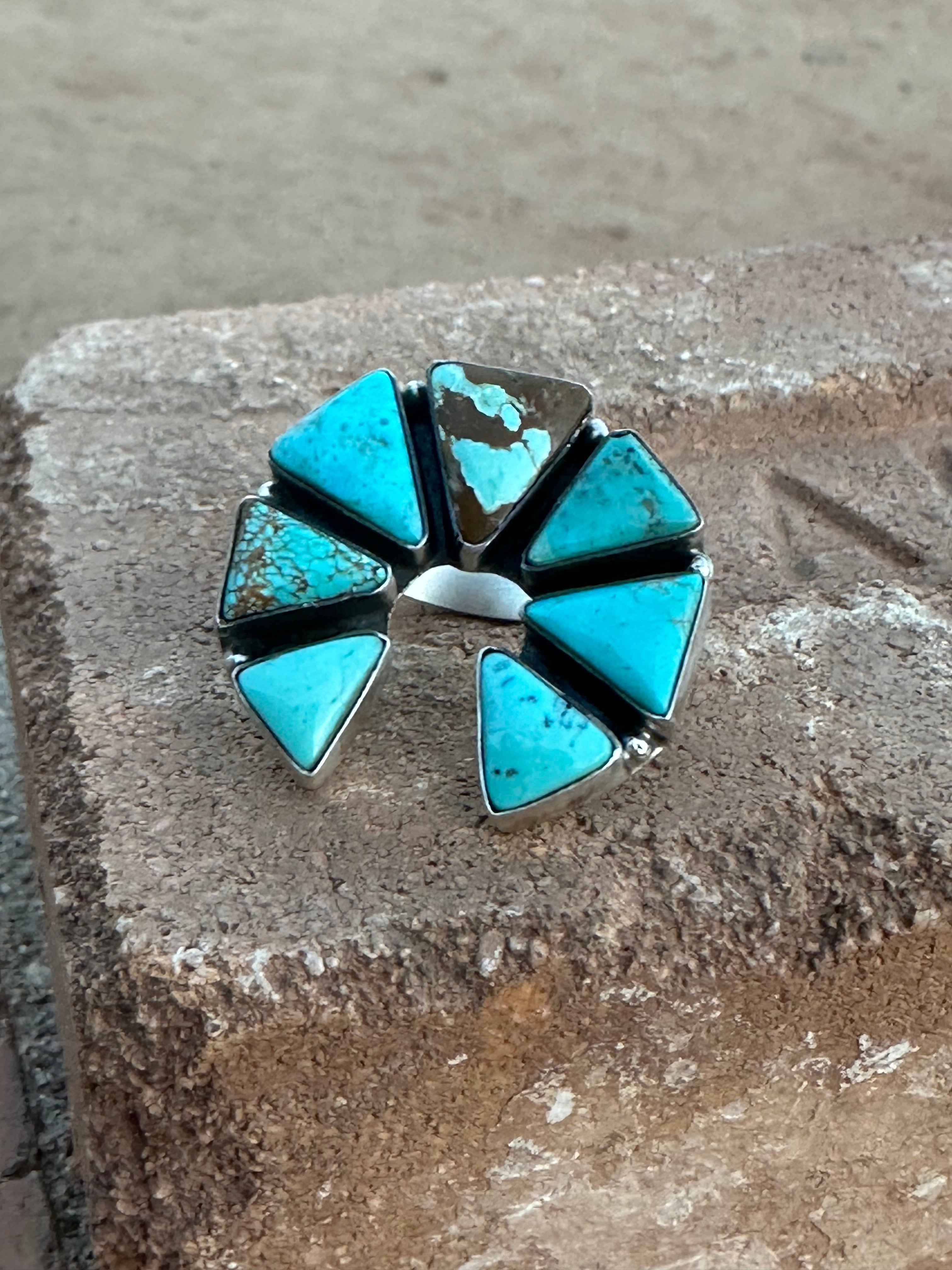 Navajo Kingman Turquoise & Sterling Silver Naja Adjustable Ring signed Elouise Kee