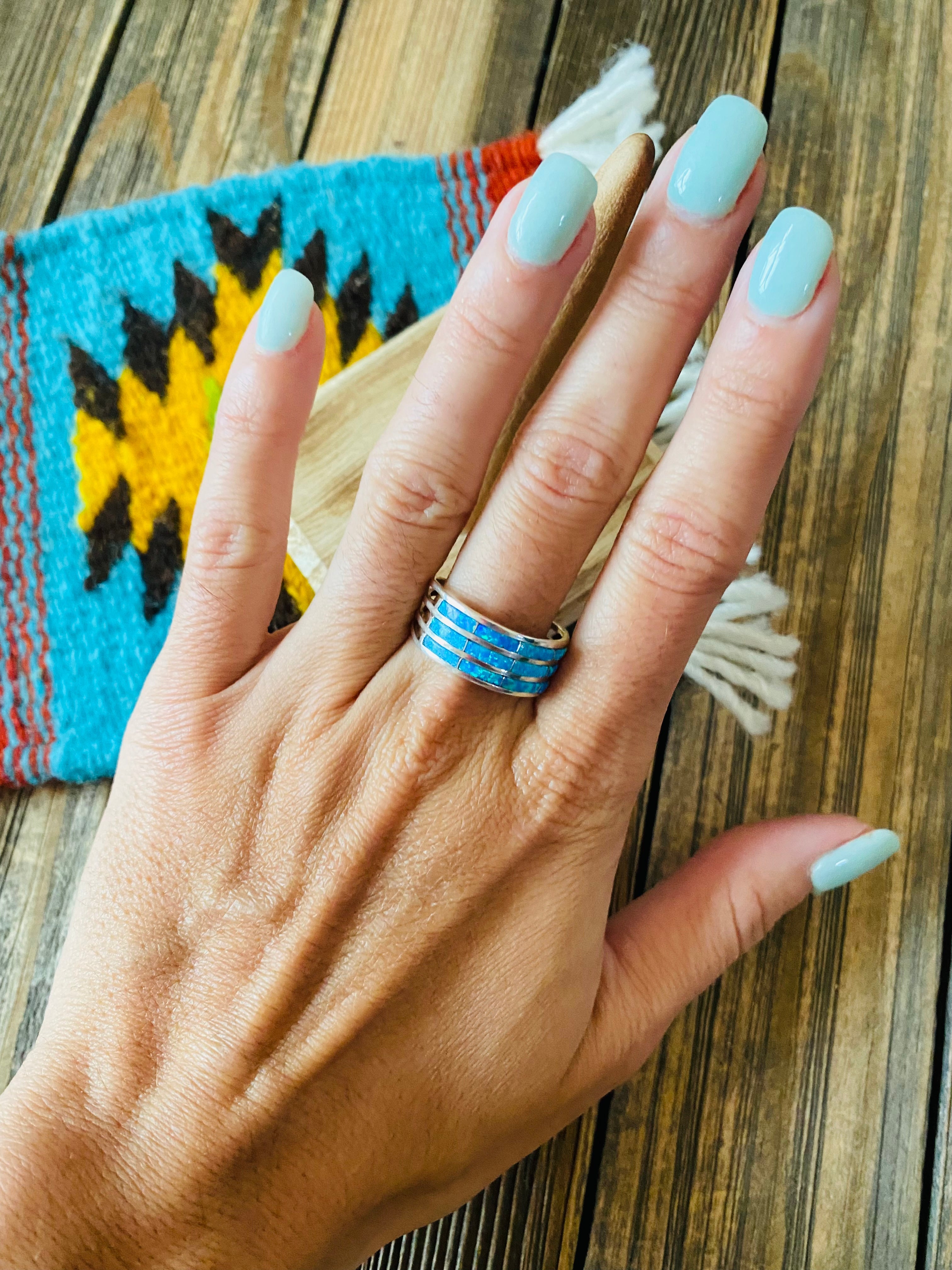 Navajo Sterling Silver & Blue Opal Inlayed Stacker Ring