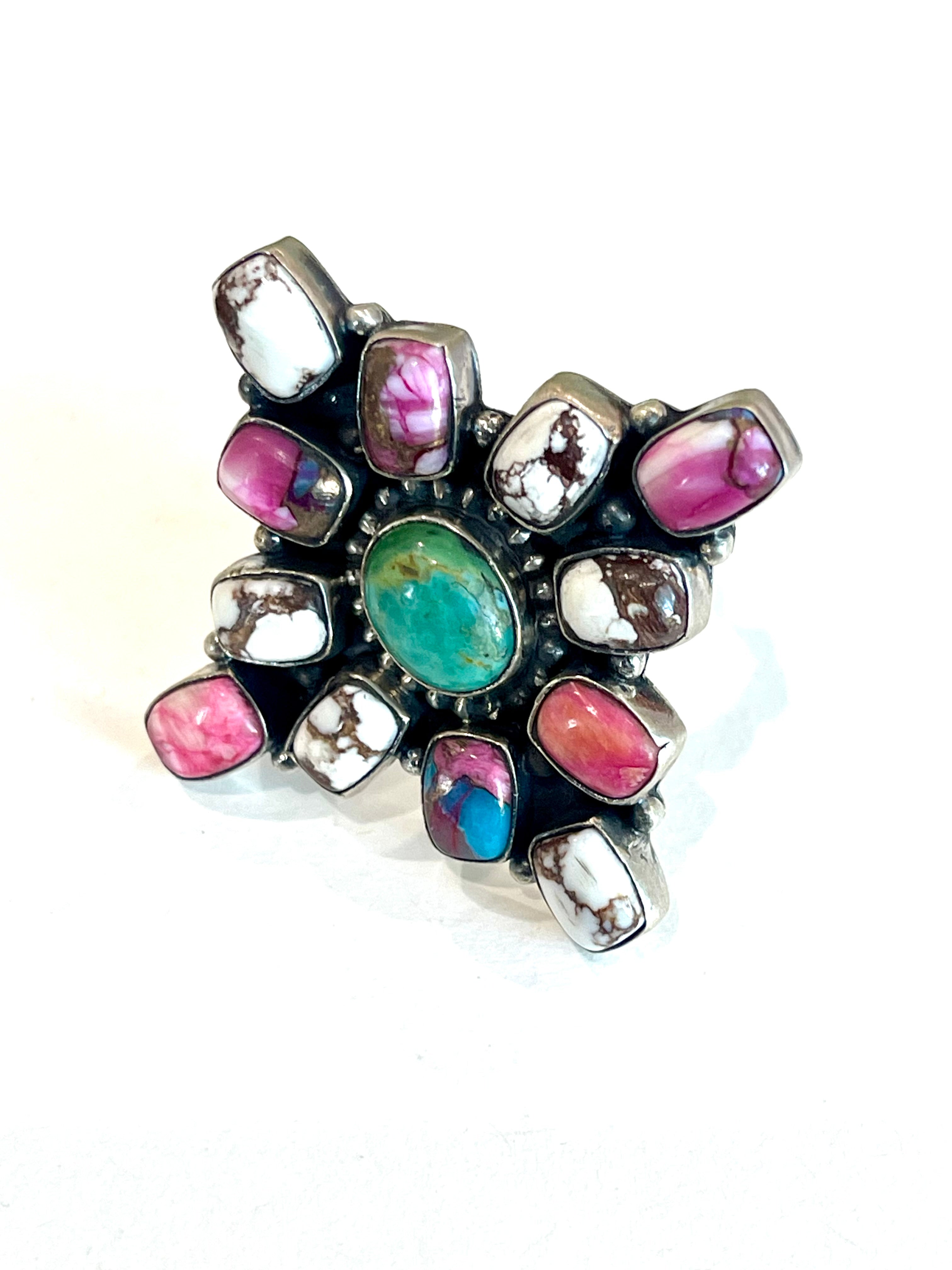 Beautiful Handmade Multi Stone And Sterling Silver Adjustable Ring