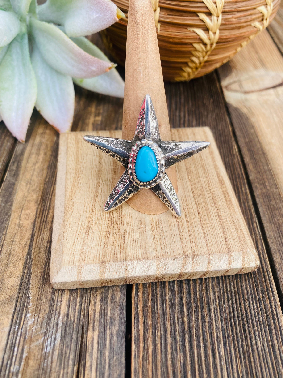 Navajo Turquoise & Sterling Silver Star Ring Size 9.25 Signed