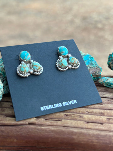 Navajo Kingman Turquoise  Sterling Silver Stud Earrings Signed Maxine Rameriz