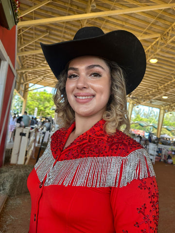 Red Embellished Embroidered Show Top With Stone Fringe