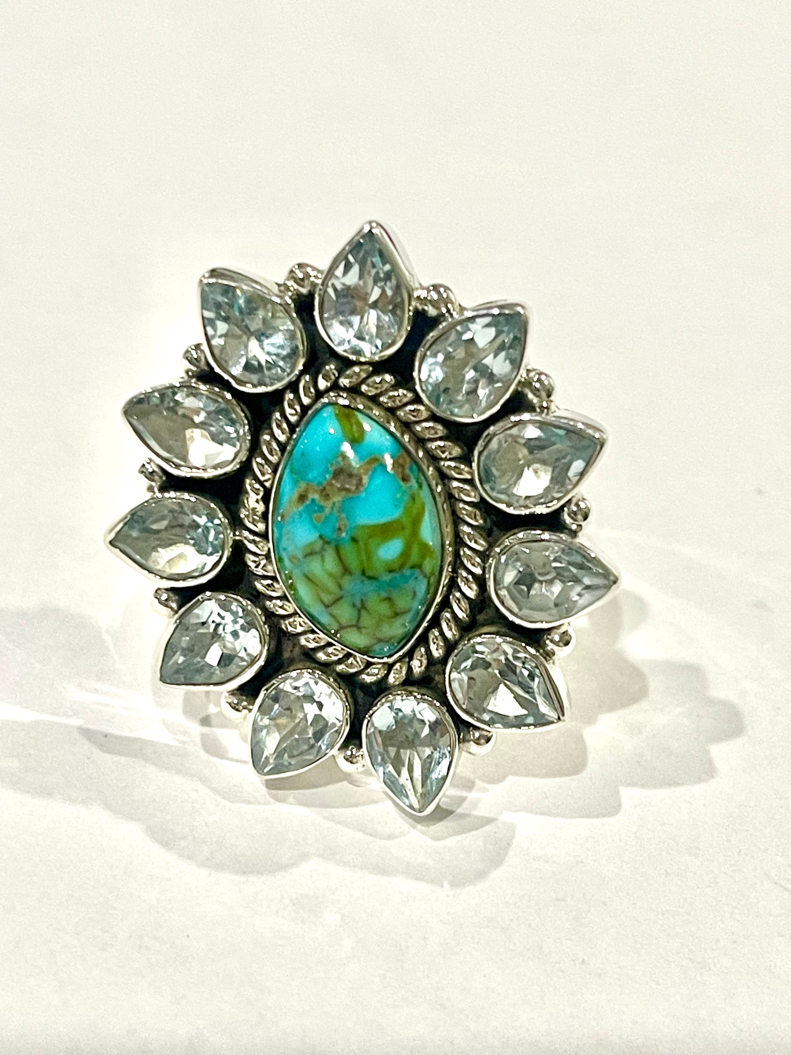 Beautiful Handmade Sonoran Mountain Turquoise , Cubic Zirconia And Sterling Silver Adjustable Ring