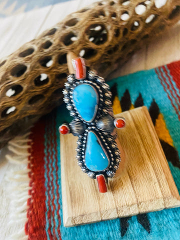 Navajo Sterling Kingman Turquoise & Red Coral Ring Size 9 By Shawn Cayatineto