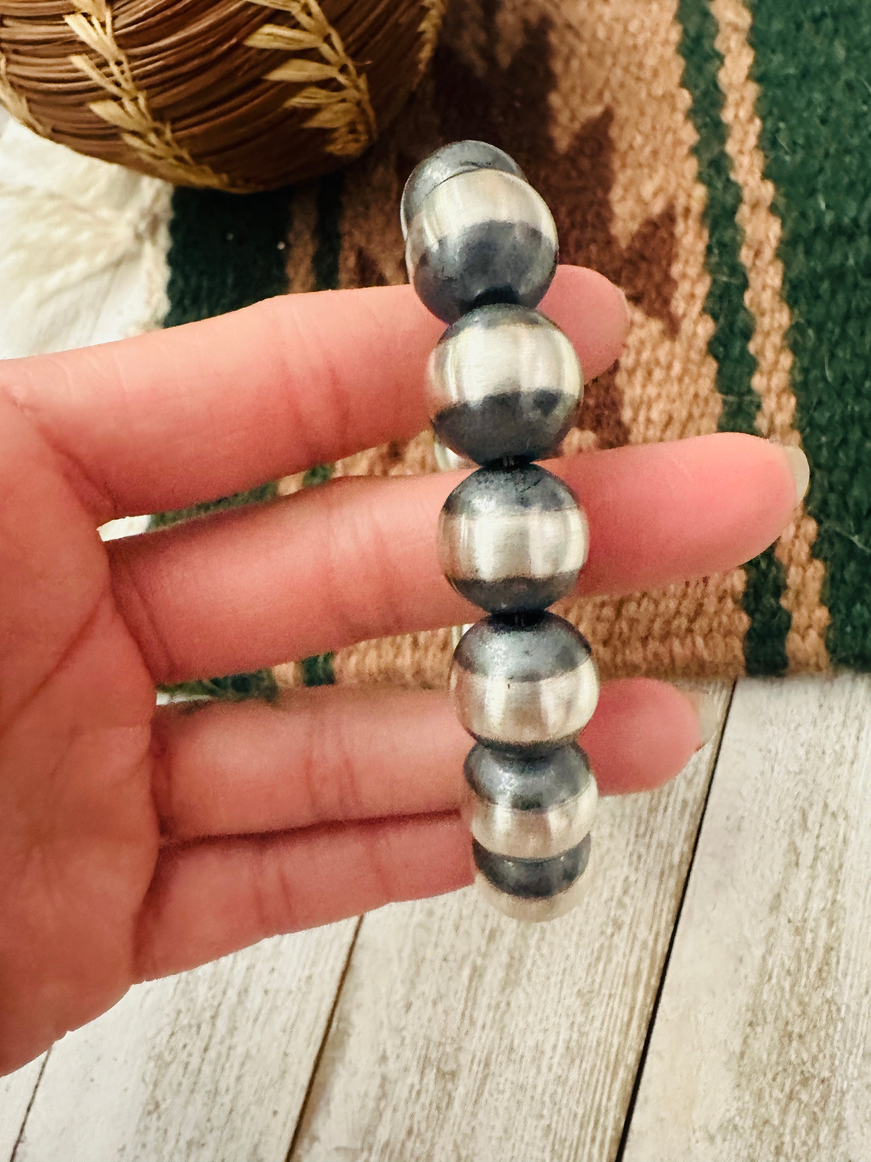 Navajo 14mm Sterling Silver Pearl Beaded Bracelet