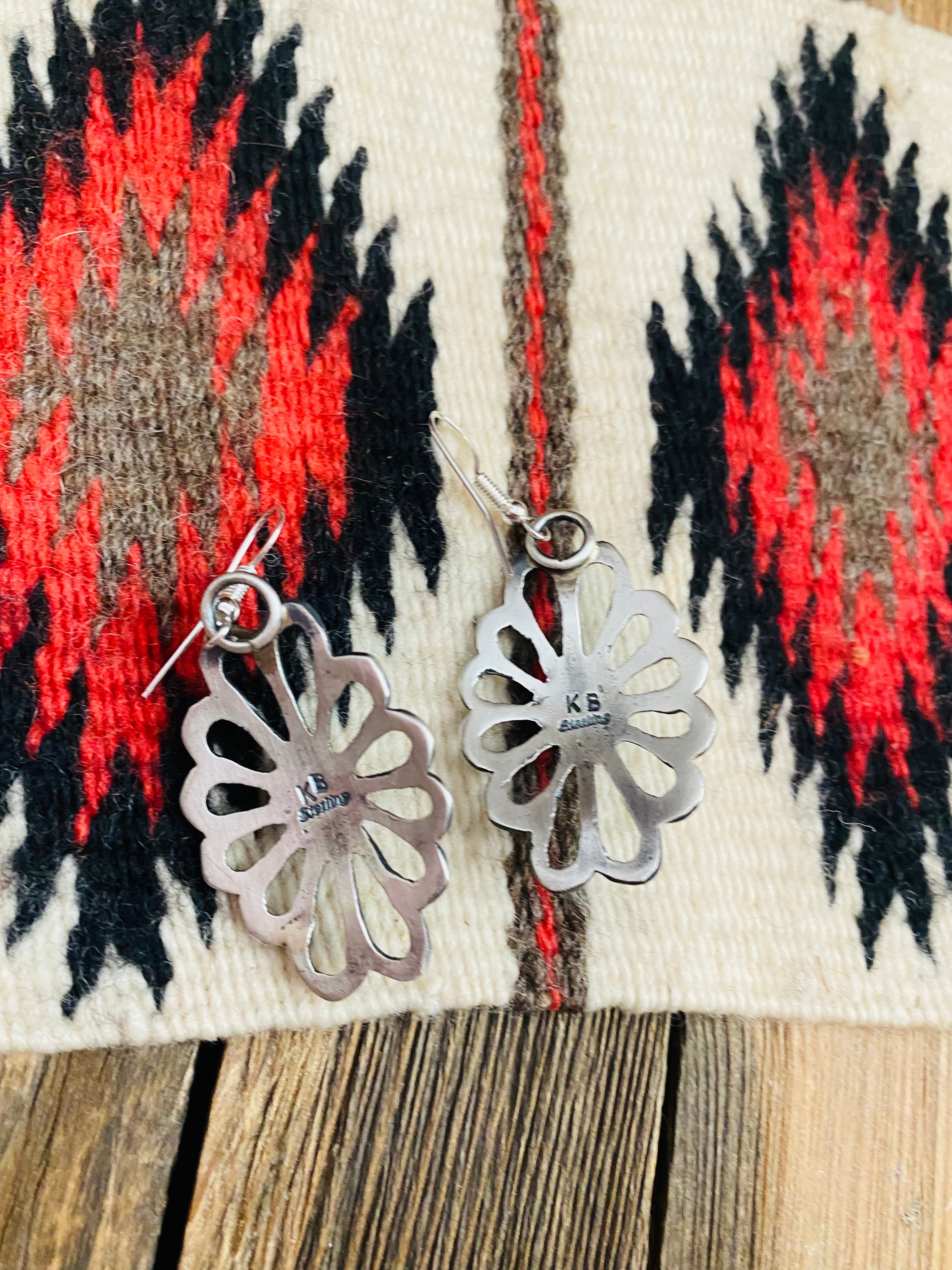 Navajo Coral & Sterling Silver Flower Dangle Earrings By Kevin Billah