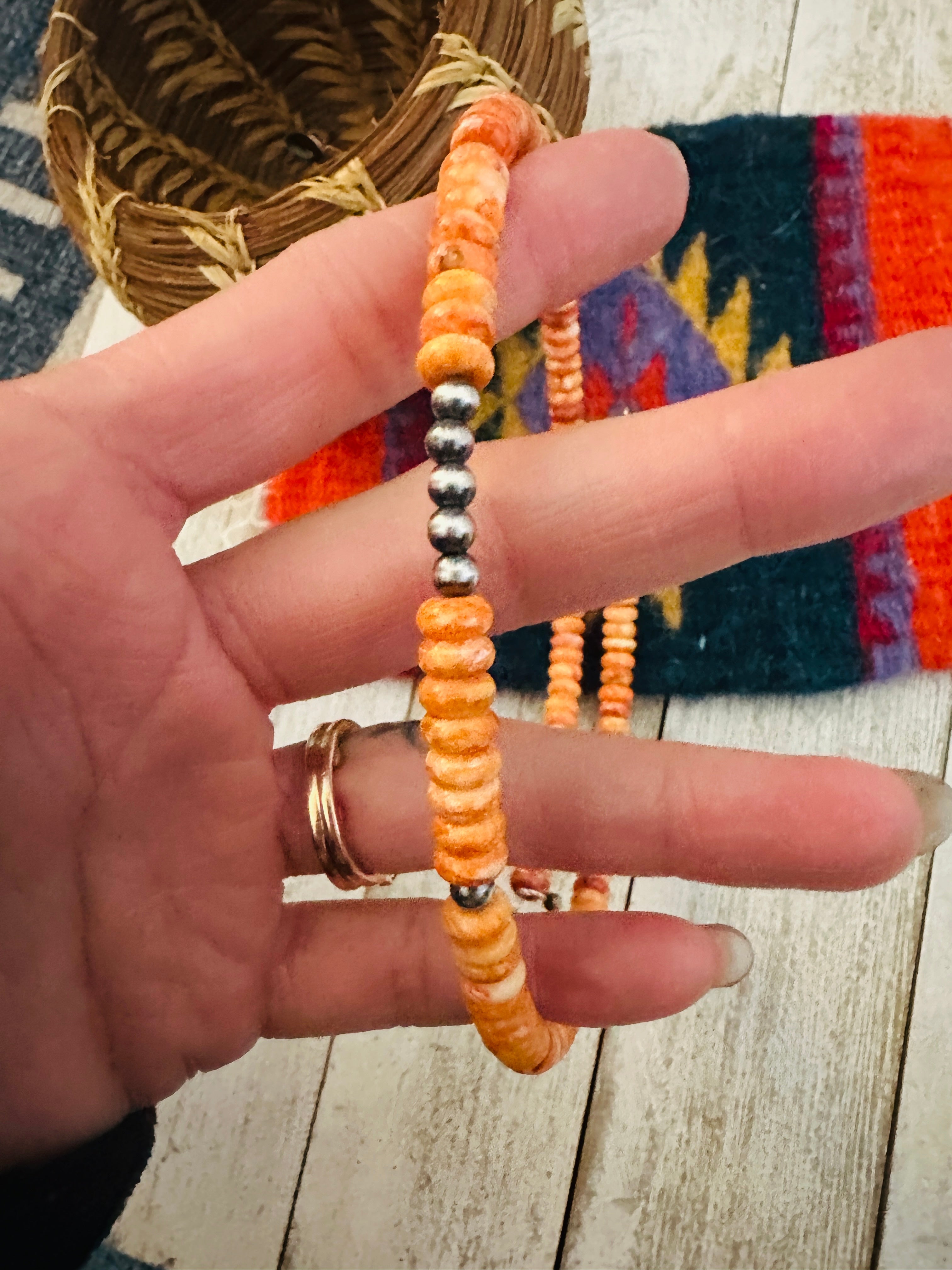 Navajo Orange Spiny & Sterling Silver Beaded Wrap Choker Necklace