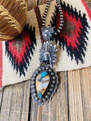 Navajo Sterling Multi Stone Spice & Sterling Silver Indian Chief Pendant