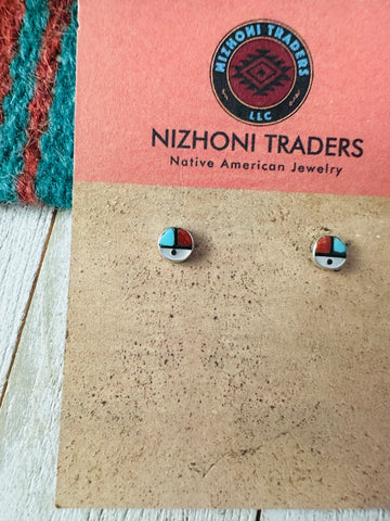 Zuni Sun Face Multi Stone & Sterling Silver Inlay Stud Earrings