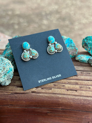 Navajo Kingman Turquoise  Sterling Silver Stud Earrings Signed Maxine Rameriz