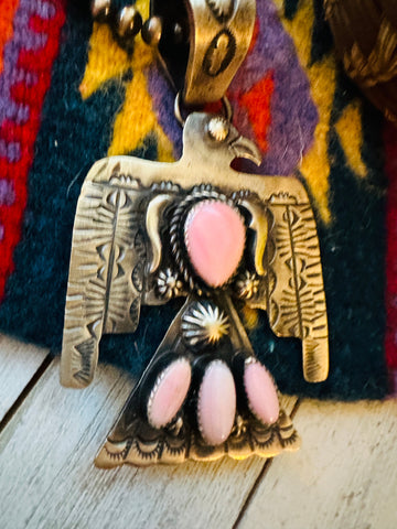 Navajo Queen Pink Conch & Sterling Silver Thunderbird Pendant