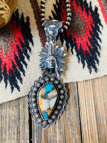 Navajo Sterling Multi Stone Spice & Sterling Silver Indian Chief Pendant