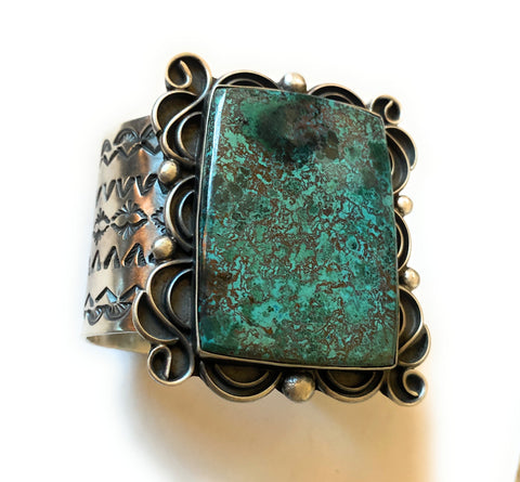 Navajo Tibetan Turquoise & Sterling Silver Cuff Bracelet Signed