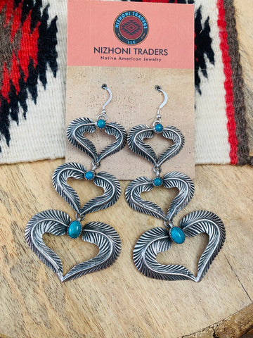 Navajo Turquoise & Sterling Silver Feather Heart Dangle Earrings