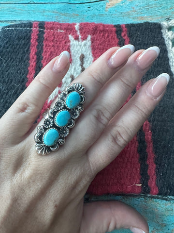 3 Stone Beautiful Handmade Turquoise And Sterling Silver Adjustable Ring