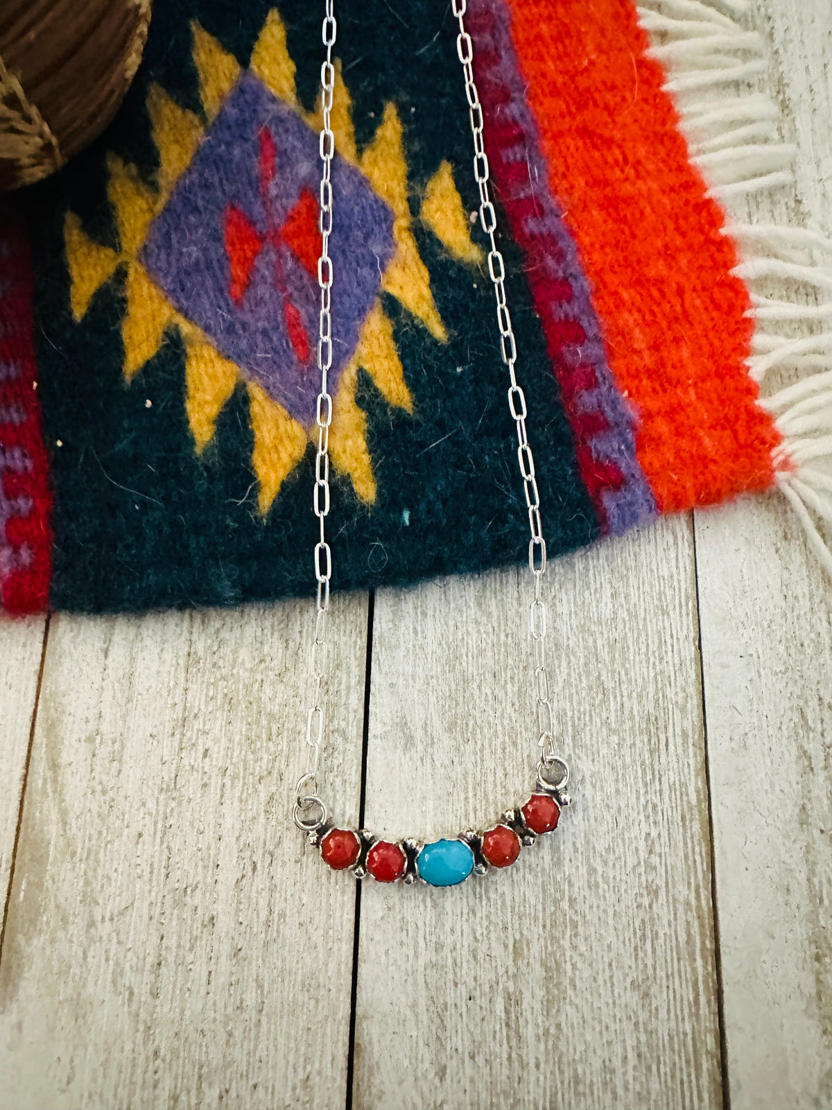 Navajo Coral, Turquoise & Sterling Silver Necklace