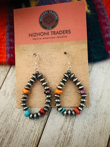 Navajo Multi Stone & Sterling Silver Beaded Hoop Earrings