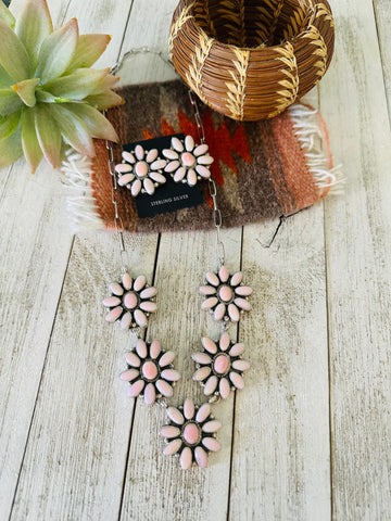 Navajo Queen Pink Conch & Sterling Silver Cluster Necklace Earrings Set