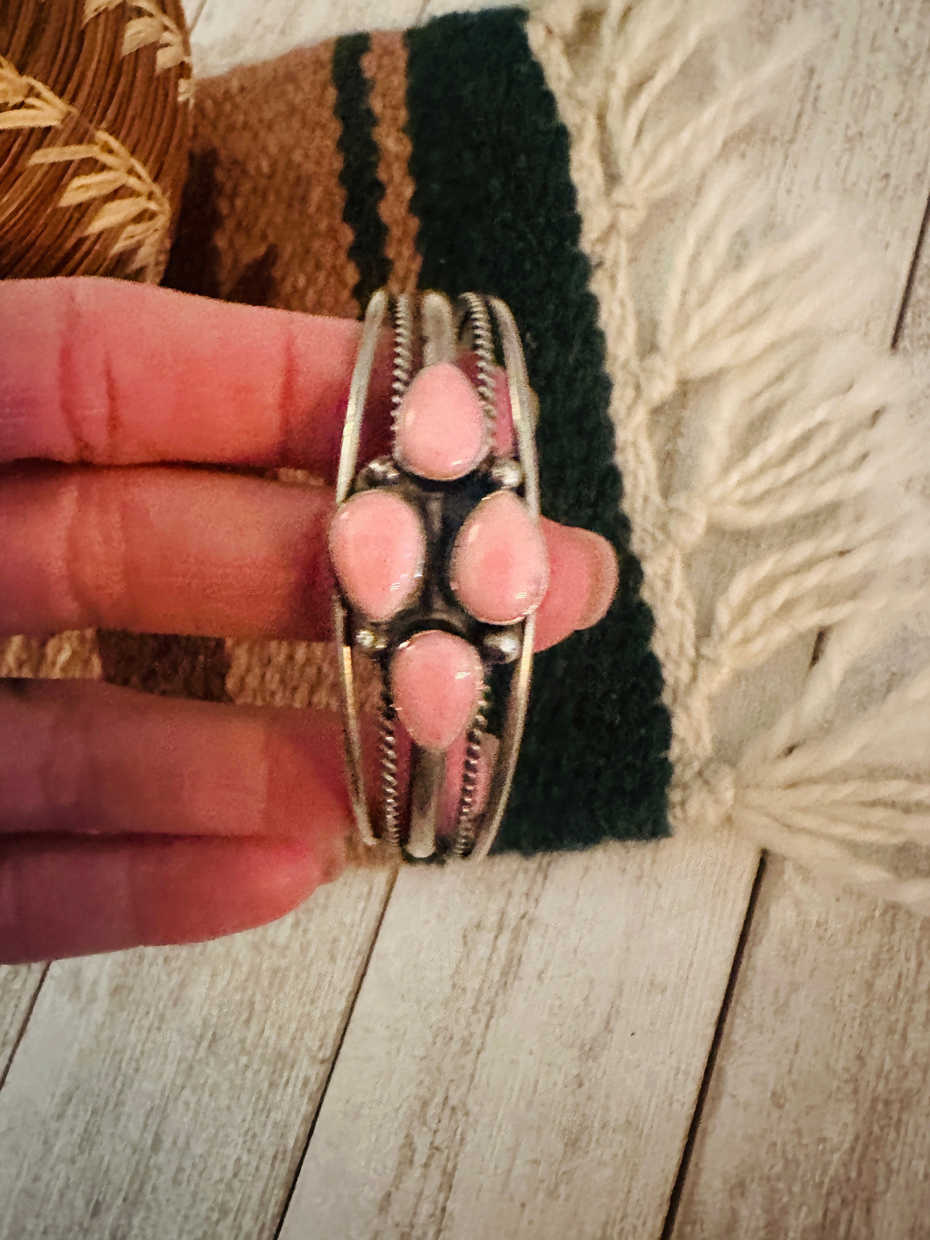 Navajo Queen Pink Conch Shell & Sterling Silver Cuff Bracelet