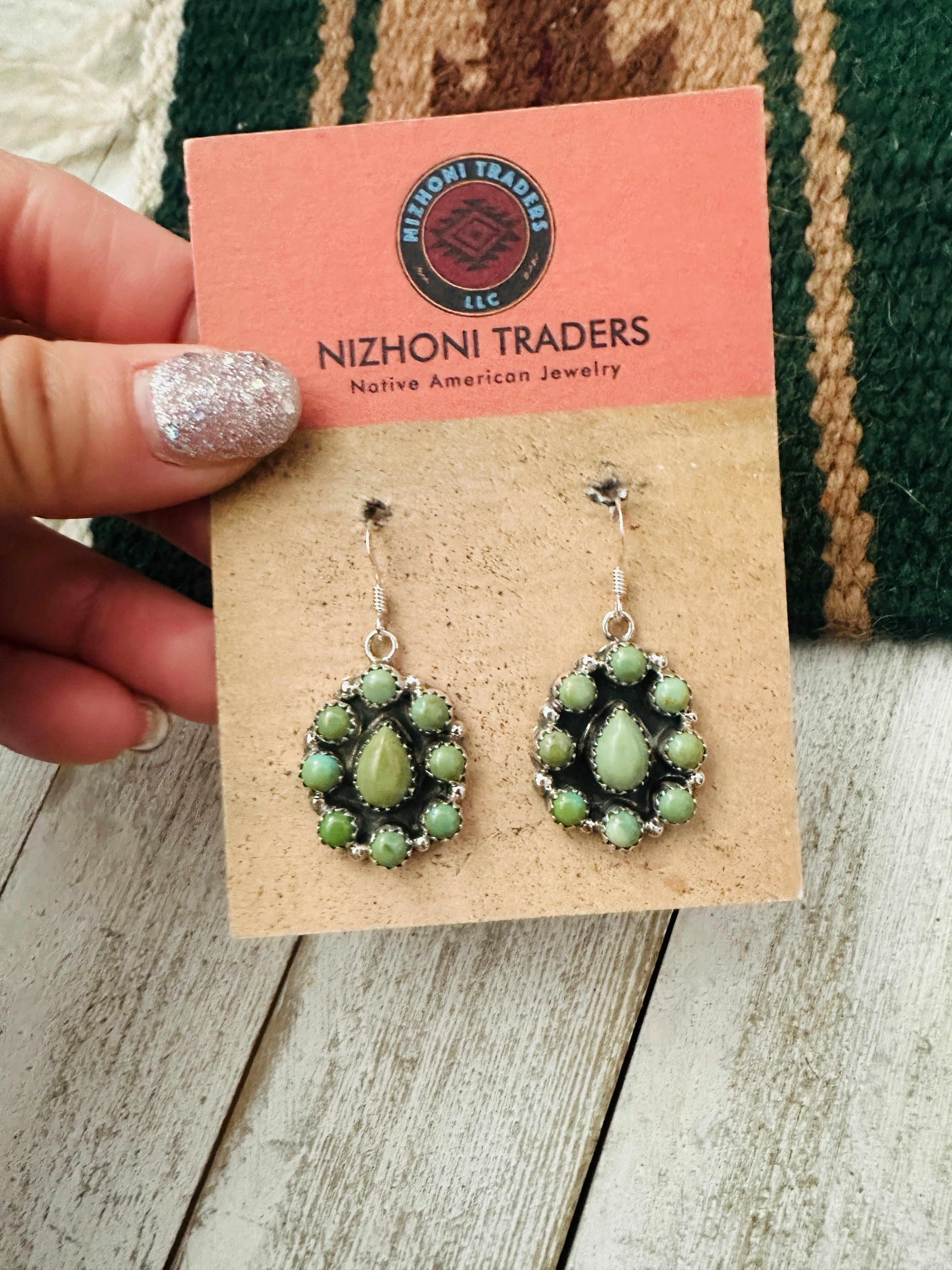 Navajo Sterling Silver & Green Turquoise Cluster Dangle Earrings