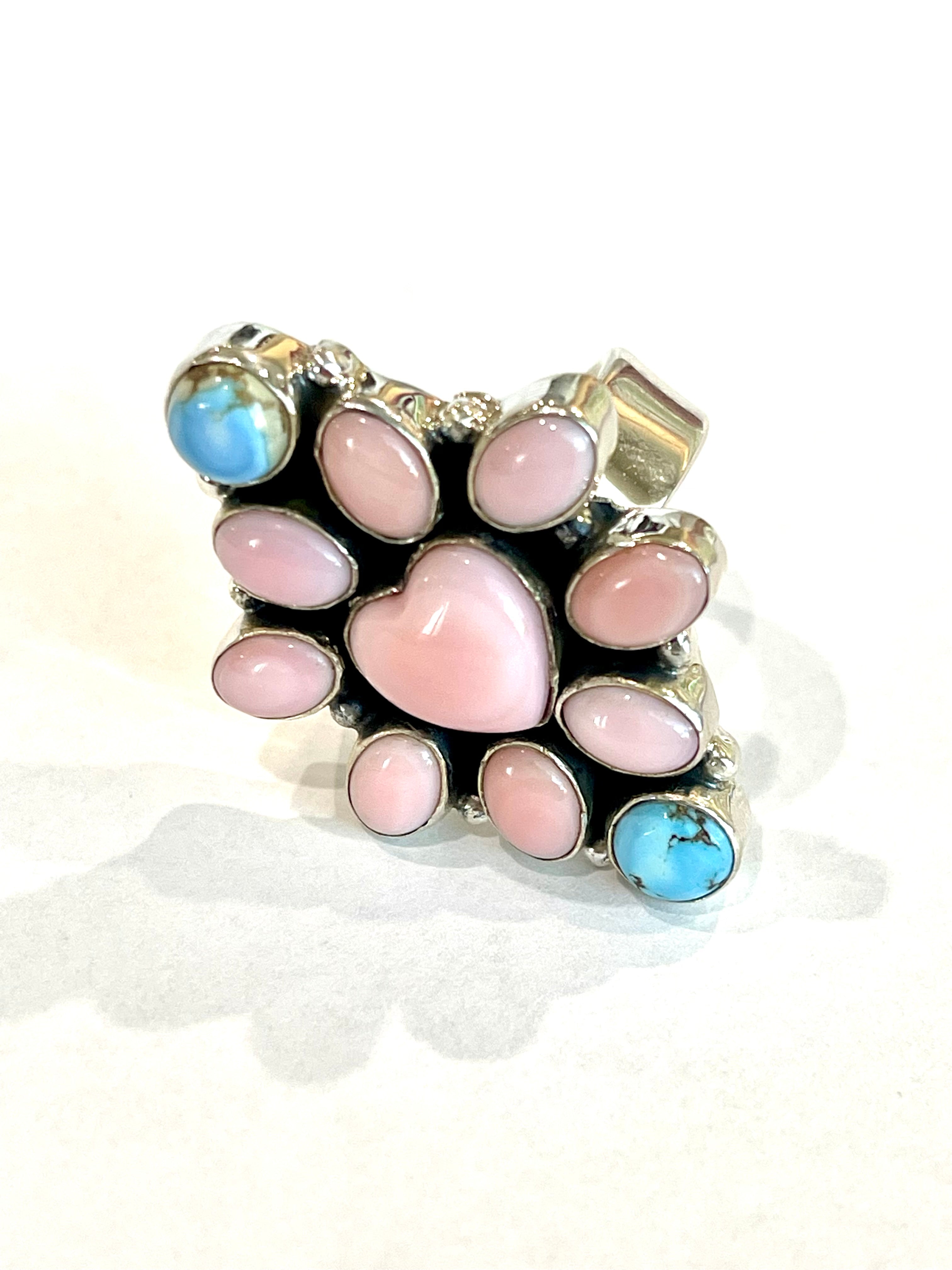 Beautiful Handmade Golden Hills Turquoise, Pink Conch And Sterling Silver Adjustable Ring